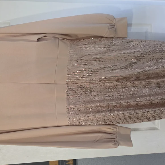Elegant Beige and Gold Sequin Wrap Dress - Picture 3 of 3